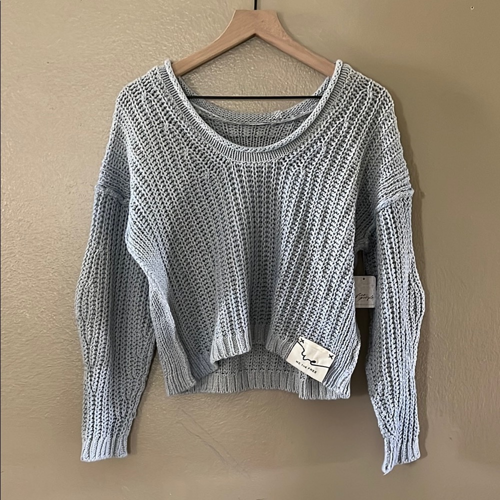 We The Free Blue Crew Neck Sweater with Relaxed Fit Free People